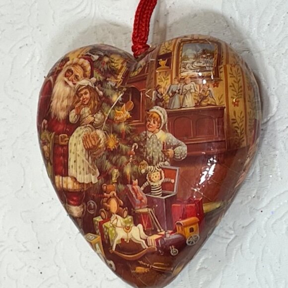 VTG Christmas Paper Mache Heart Santa Toys Children Holiday Ornament 3.5" - Picture 7 of 9